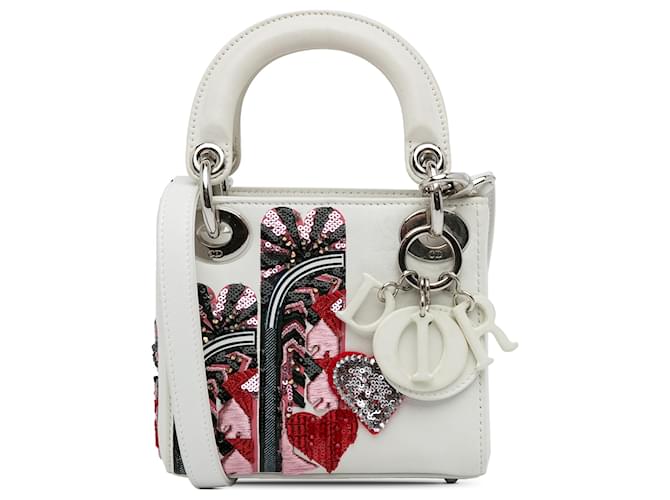 Dior White Micro Sequin Accented Lady Dior Bag Leather Pony-style calfskin  ref.1232878