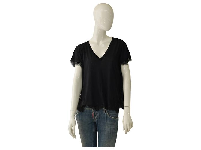Helmut Lang Maglietta Nera con Pizzo Scollo a V M Nero