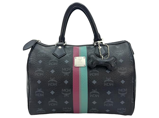 MCM handbag Boston Bag 30 Visetos bag handle bag black + bone pendant  ref.1232925