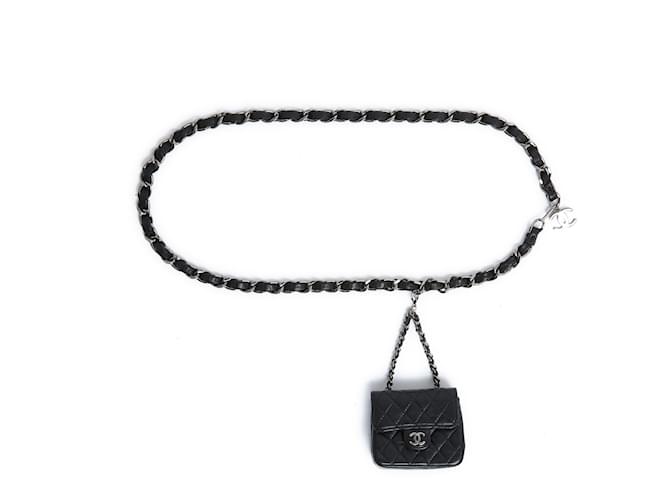 Timeless Chanel Classique Bag on belt Leather Black OS Silvery Chain  ref.1233167