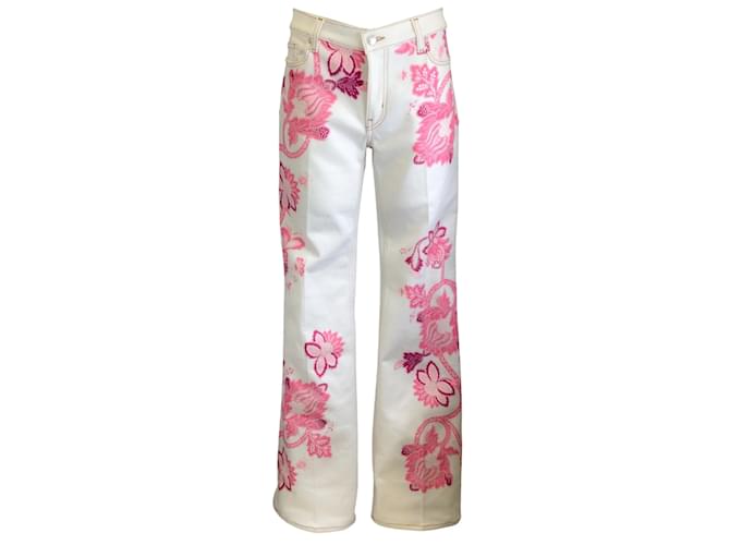 Etro White / pink 2021 Paisley Printed Five Pocket Cotton Stretch Denim Bootcut Jeans  ref.1233394