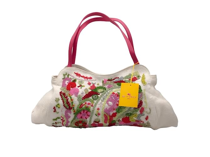 Etro Blanco / Bolso de hombro de lona con bordado floral multicolor rosa Lienzo  ref.1233395