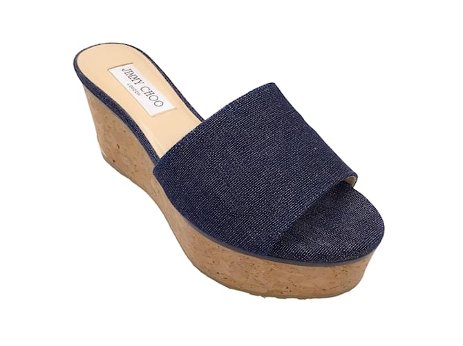Jimmy Choo Blue Dark Denim Platform Cork Wedge Sandals Cloth  ref.1233397