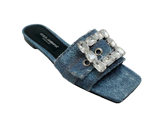Dolce & Gabbana Ciabatta Denim Patchwork Slides with Crystal Buckle Blue Cloth  ref.1233401