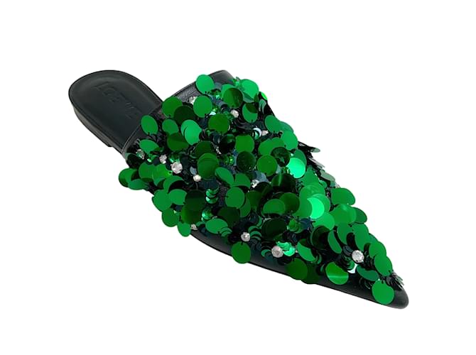 Loewe Emerald Green Sequined Pointed Toe Mules Leather  ref.1233404