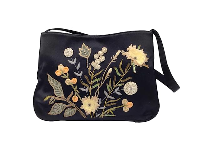 Moschino Vintage Black Multi Floral Embroidered Silk Handbag  ref.1233406