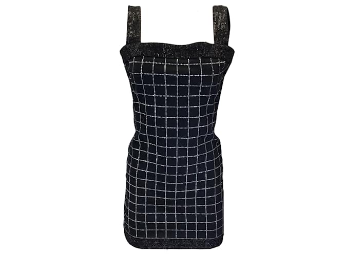 Mini abito in denim senza maniche con motivo a griglia impreziosito da strass neri Balmain Nero Cotone  ref.1233438