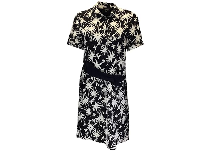 Lanvin River Black / White Printed Short Sleeved Midi Dress Silk  ref.1233441
