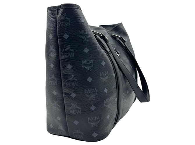 MCM Visetos Shopper Bag Shoulder Bag Black Silver Handle Bag Medium  ref.1233496