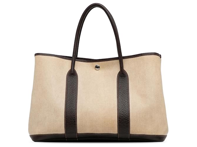 Hermès Hermes Brown Toile Garden Party 36 Beige Leather Cloth Pony-style calfskin Cloth  ref.1234204