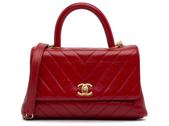 Coco Handle Chanel Bolsa pequena em pele de cordeiro vermelha Chevron Coco com alça Vermelho Couro  ref.1234263