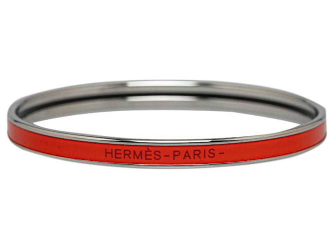 Hermès Hermes Red Extra Narrow Enamel Uni Bangle Silvery Metal Platinum  ref.1234266