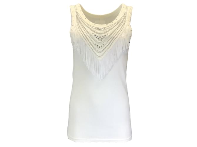 Autre Marque Takahiromiyashita The Soloist White / Silver Embellished Fringe Detail Ribbed Tank Top Cotton  ref.1235545