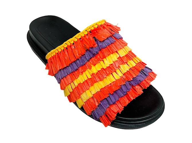 Marni Orange Multi Raffia Fringe Slide Sandals Multiple colors Leather  ref.1235546