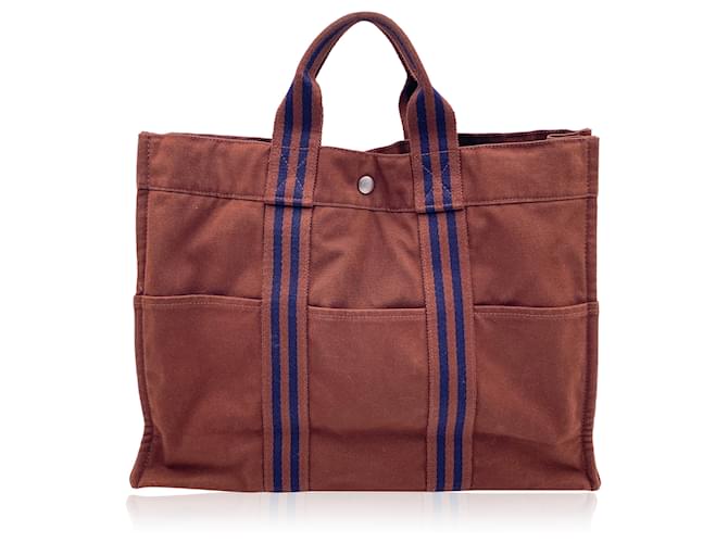 Hermès Hermes Paris Vintage Brown Cotton cabas MM Tote Bag Toile Marron  ref.1236015