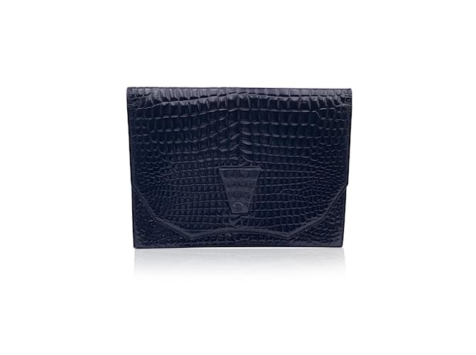 Yves Saint Laurent Bolso clutch con solapa en relieve de cuero negro vintage Charol  ref.1236019