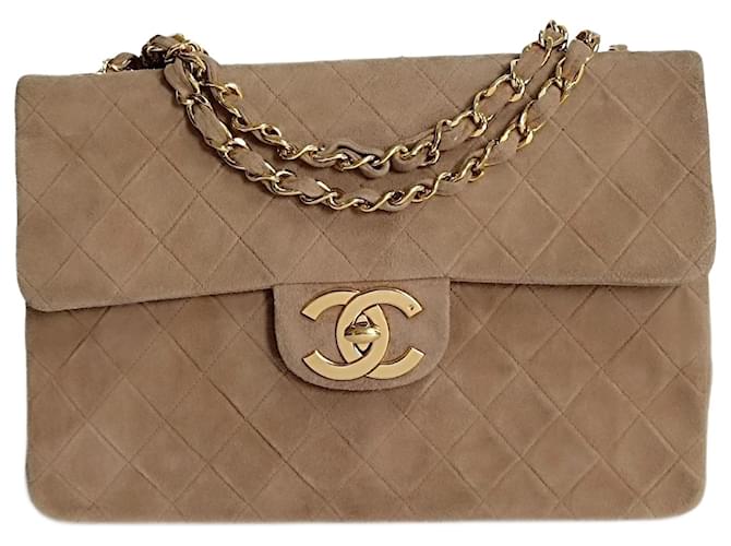 Chanel Big Matelassè Classic single flap bag in beige suede  ref.1236032