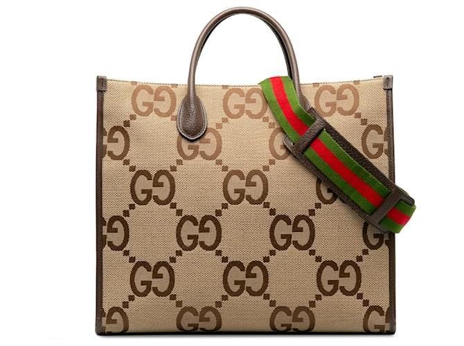 Gucci Brown Jumbo GG Canvas Web Convertible Tote Beige Leather Cloth Pony-style calfskin Cloth  ref.1236154