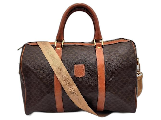 Luggage Céline Celine Macadam Boston Reisetasche mit Riemen (Selten) Braun Leinwand  ref.1236216