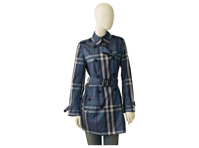 Burberry Brit Blue Checked lined Breasted Belted Polyamide coat sz US 8 it 42  ref.1236668