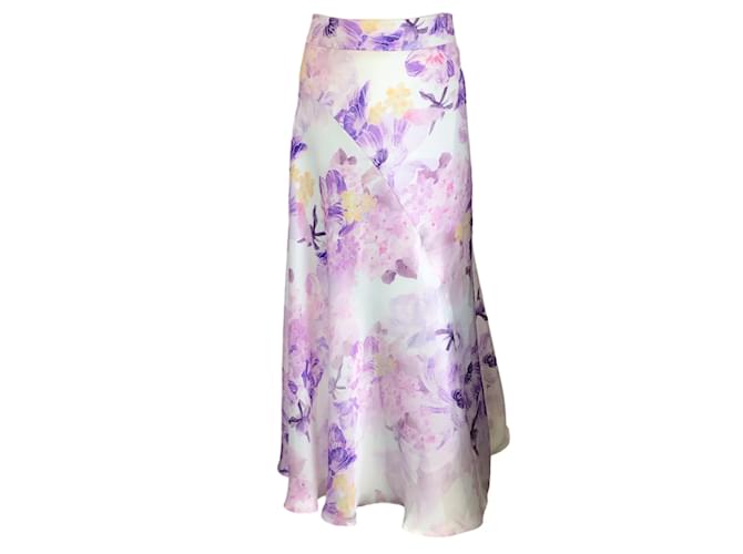 Autre Marque Leo Lin Purple Multi Camellia Print Satin Midi Skirt in Mauve Viscose  ref.1236778