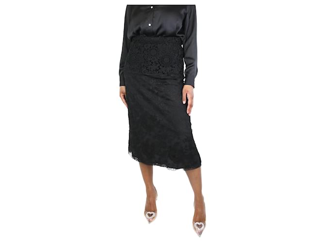 Prada Falda midi negra con detalle de encaje floral - talla UK 14 Negro Viscosa  ref.1237420