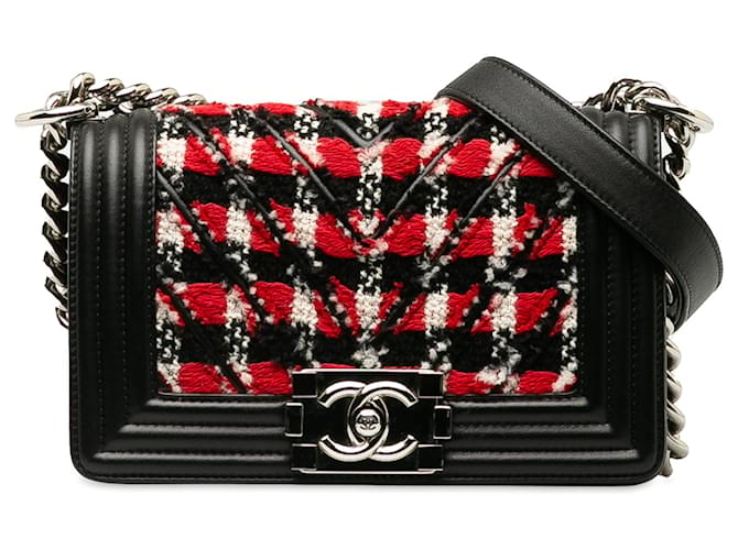 Chanel Red Small Tweed and Leather Boy Flap Bag Black Pony-style calfskin Cloth  ref.1237585