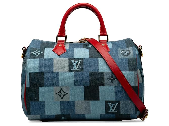 Louis Vuitton Bleu Damier Patchwork Denim Speedy Bandouliere 30 Cuir Jean Veau façon poulain Tissu  ref.1237603