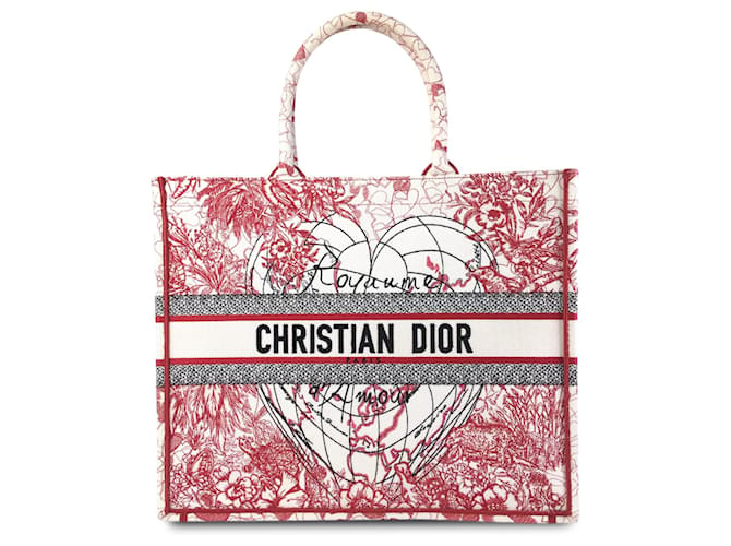 Weiße große Dior-Buchtasche mit D-Royaume-d'Amour-Stickerei Rot Leinwand Tuch  ref.1237635