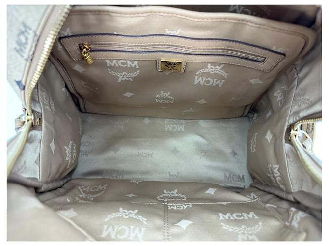 MCM Visetos Stark Backpack Backpack Medium Ivory Logo Print Bag Bag  ref.1237882