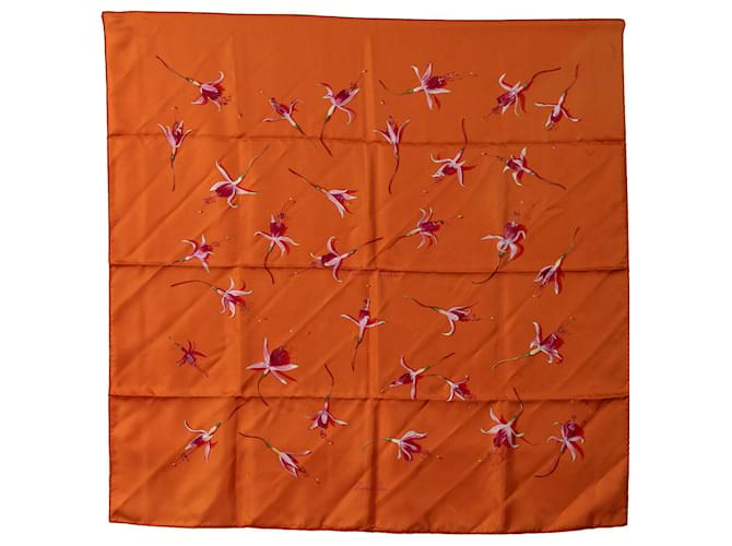 Hermès Orange Hermes Fleurs de Fuchsia Seidenschal  ref.1237943