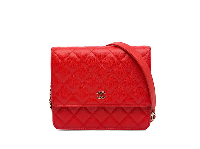 Wallet On Chain Portefeuille carré rouge Chanel CC Caviar sur sac à bandoulière en chaîne Cuir  ref.1237990
