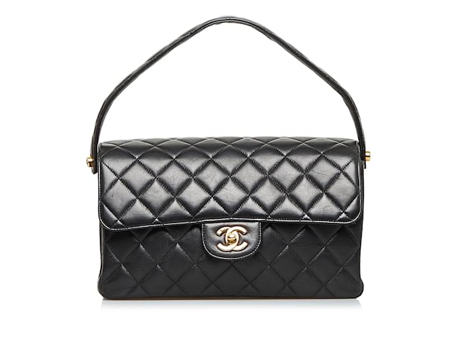 Black Chanel Classic Lambskin lined Sided Flap Handbag Leather  ref.1238136