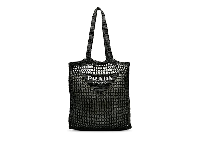 Black Prada Crochet Raffia Logo Tote Wicker  ref.1238170