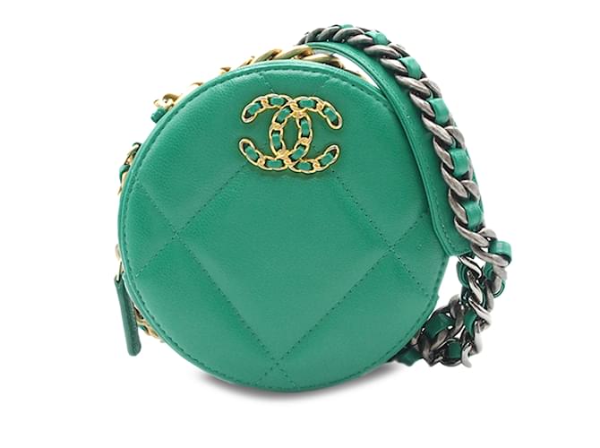 Green Chanel 19 Round Lambskin Clutch With Chain Satchel Leather  ref.1238246