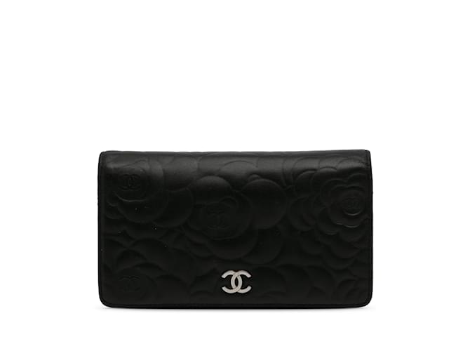 Schwarze Chanel CC Camellia Bifold-Geldbörse Leder  ref.1238268