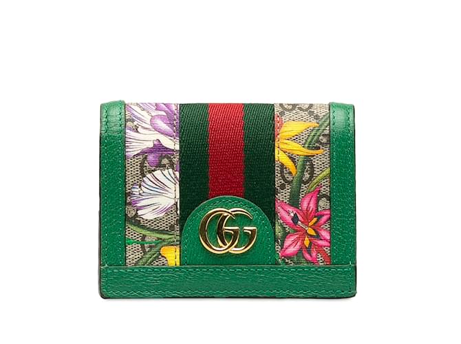 Petit portefeuille vert Gucci GG Supreme Flora Ophidia Cuir  ref.1238270