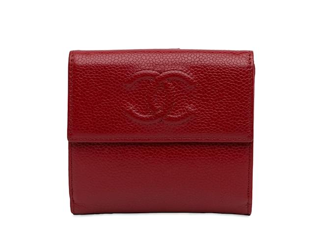 Red Chanel CC Caviar Compact Wallet Leather  ref.1238274