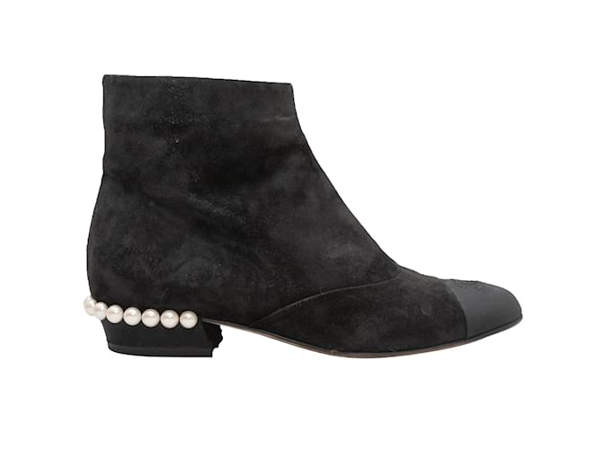 Black Chanel Cap-Toe Faux Pearl-Accented Ankle Boots Size 38.5 Suede  ref.1238298
