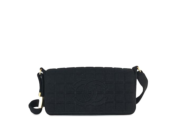 Schwarze Chanel Jersey-Strick-Umhängetasche mit Schokoriegel und Klappe Leinwand  ref.1238320