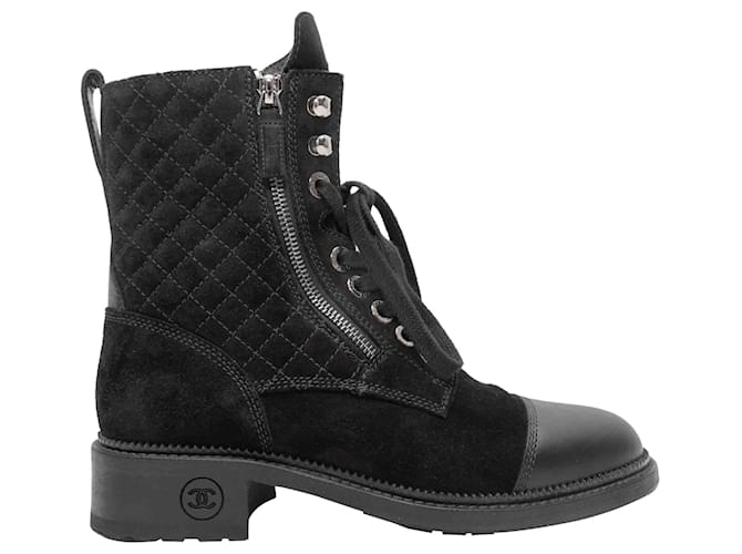 Black Chanel Suede & Leather Quilted Combat Boots Size 38.5 Cloth  ref.1238337
