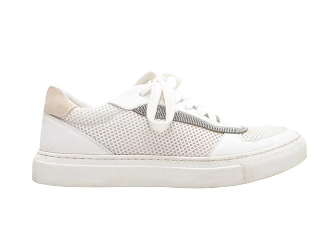 White & Beige Brunello Cucinelli Monilli-Trimmed Sneakers Size 37 Leather  ref.1238343