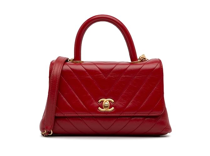 Coco Handle Bolso satchel pequeño Chanel de piel de cordero con asa de coco Chevron rojo Roja Cuero  ref.1238360