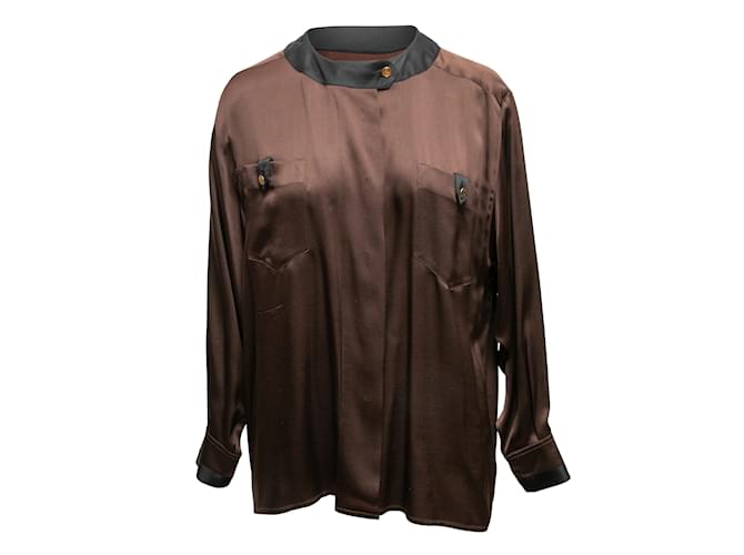 Blusa vintage de seda Chanel marrom e preta tamanho US L  ref.1238512