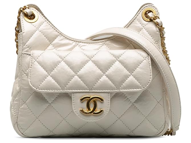 Chanel White Small CC Crumpled calf leather Wavy Hobo Pony-style calfskin  ref.1238680