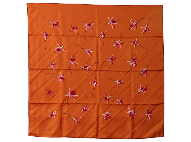 Hermès Lenço de seda Hermes Orange Fleurs de Fuchsia Laranja Pano  ref.1238686