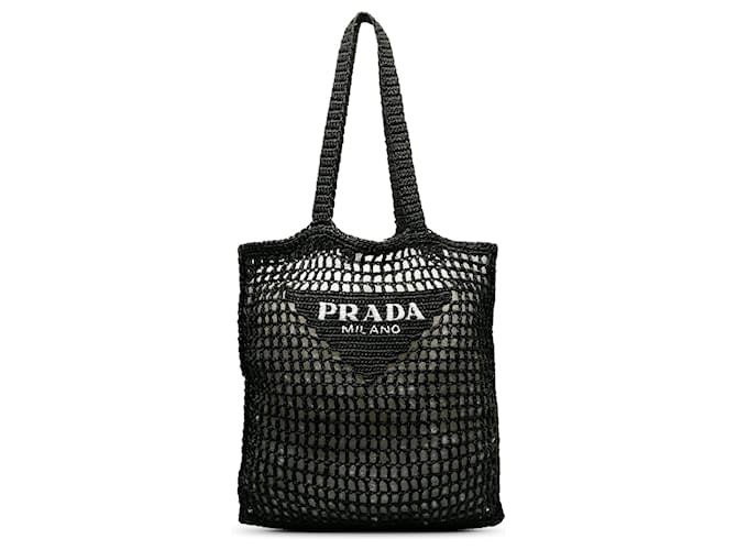 Prada Black Crochet Raffia Logo Tote  ref.1238716