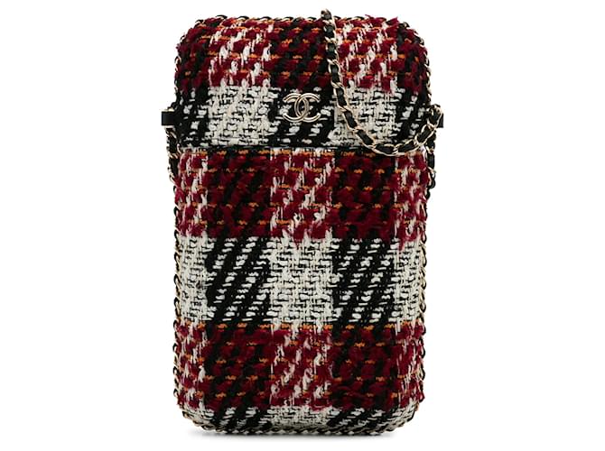 Porta cellulare Chanel con catena in tweed rosso Panno  ref.1238723