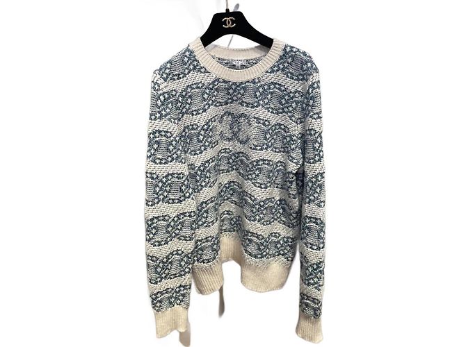 Chanel Cocomark Pullover Weiß Blau Baumwolle Kaschmir 42 