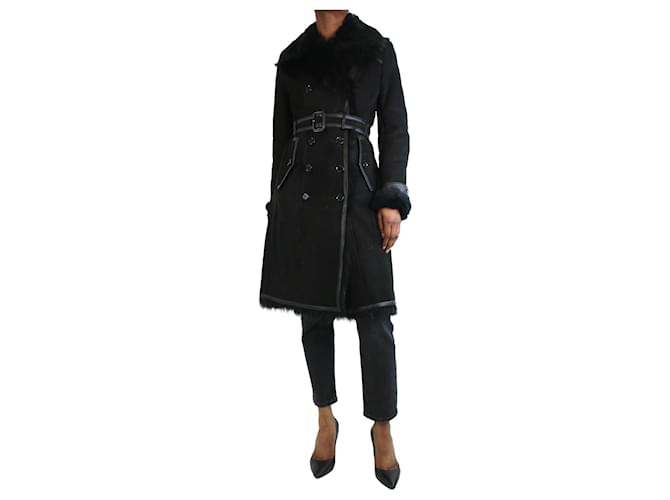 Burberry Black shearling belted leather coat - size UK 12  ref.1238742